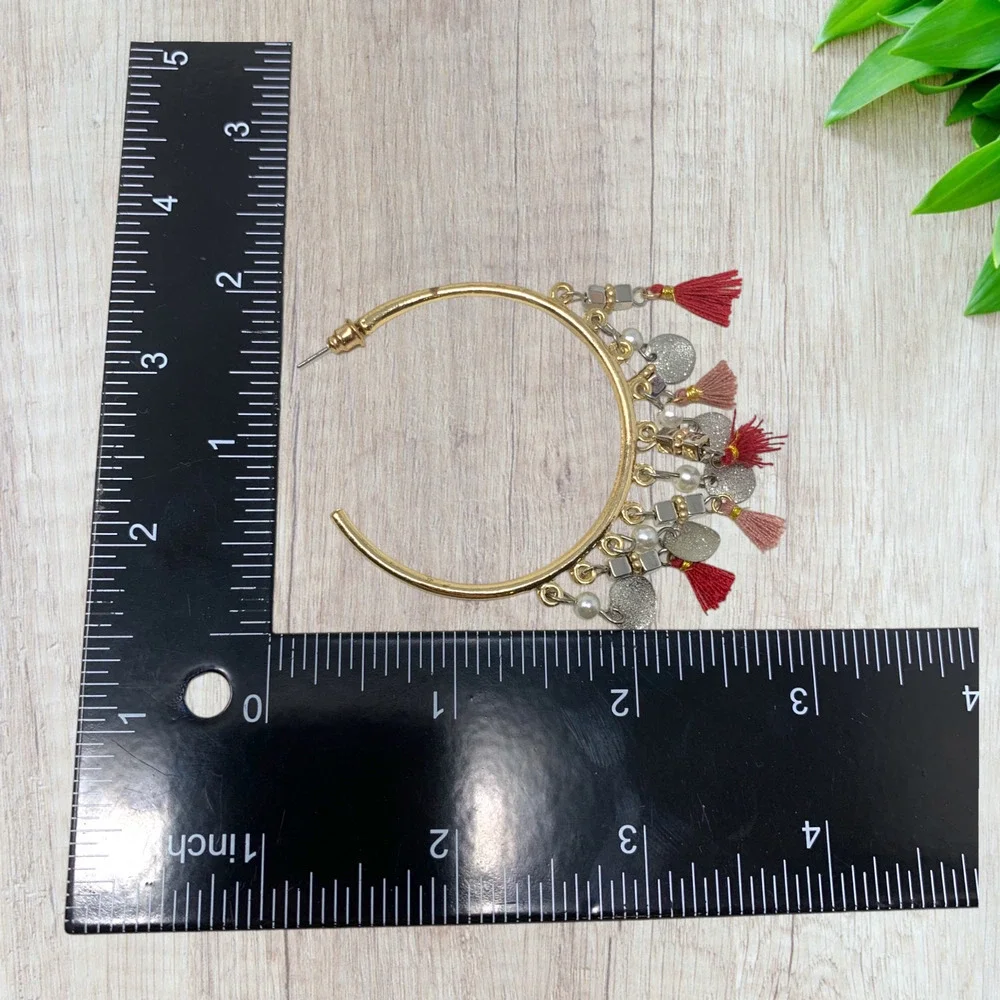 Vintage Y2K Bohemian Tassel Dangle Hoop Earrings Pierced Gold Tone Carded Hippie